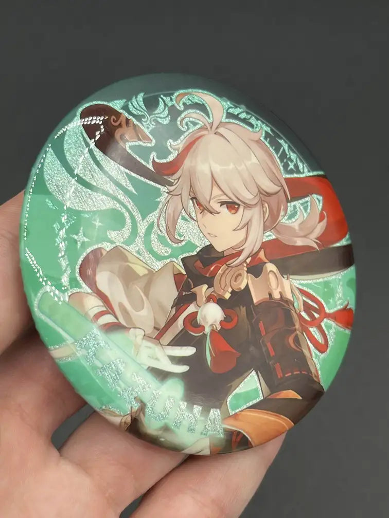 Kazuha Genshin Impact Anime Badge – Held in Hand, Showing Size and Detail | The Void Vault