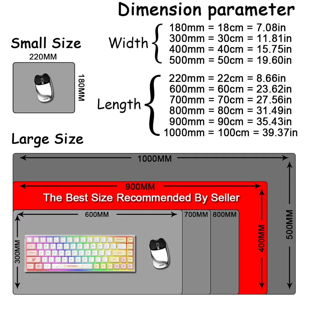 Comparison chart of mouse pad sizes – standard, large, and XXL desk mats | The Void Vault