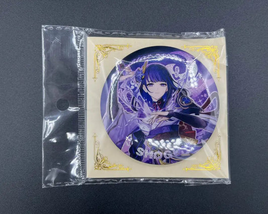Raiden Shogun Genshin Impact Anime Pin Badge – Front View in Collector Packaging | The Void Vault
