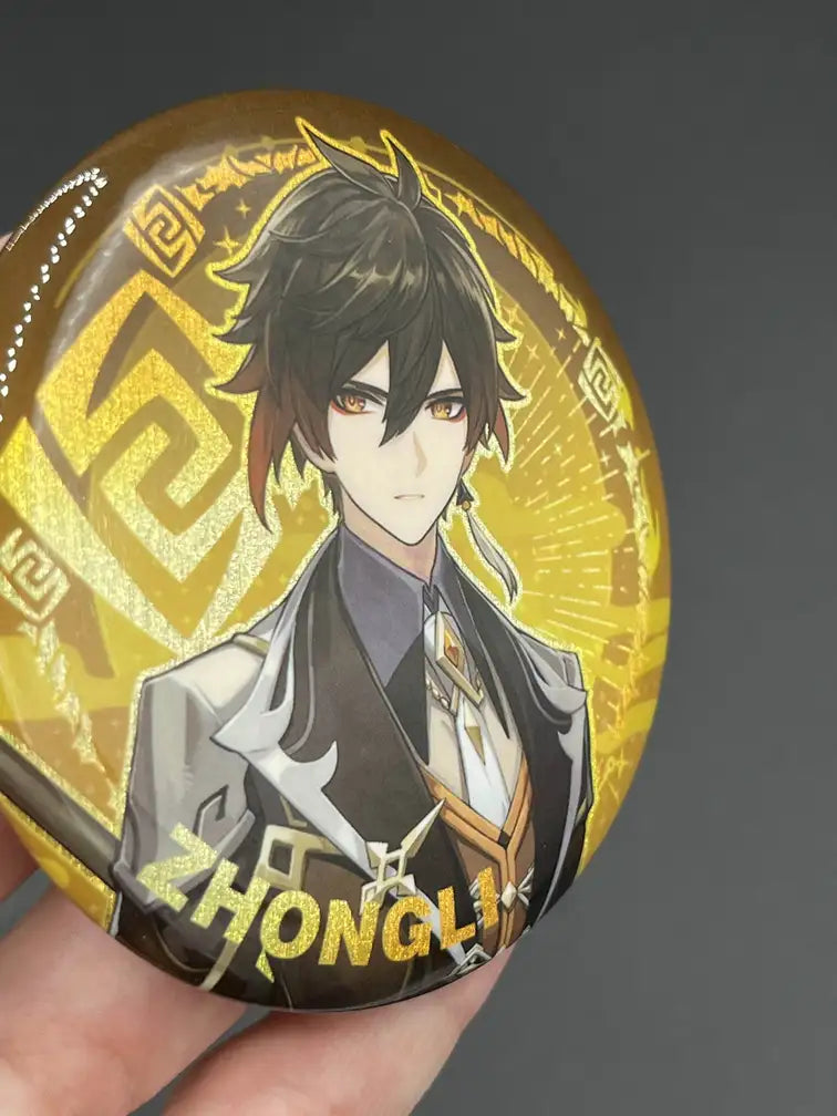 Zhongli Genshin Impact Anime Pin Badge – Tilted Angle Highlighting Glossy Finish | The Void Vault